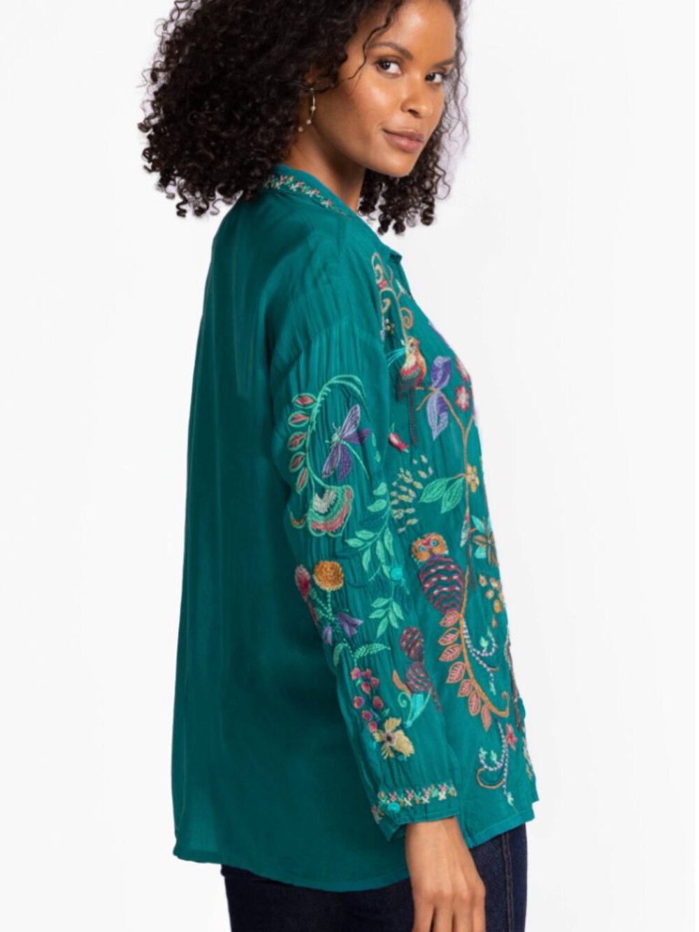 Johnny Was The Audrey Collared Shirt Blouse Embroidered Floral Zebra Birds M NWT - Picture 2 of 5